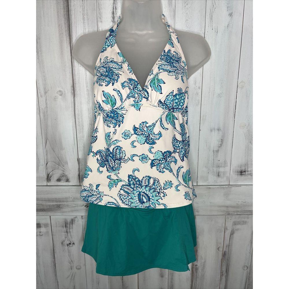 WOMENS LANDS END TURQUOISE FLORAL 2 PIECE SWIM‎ SKIRT TANKINI PADDED BRA TOP 6
